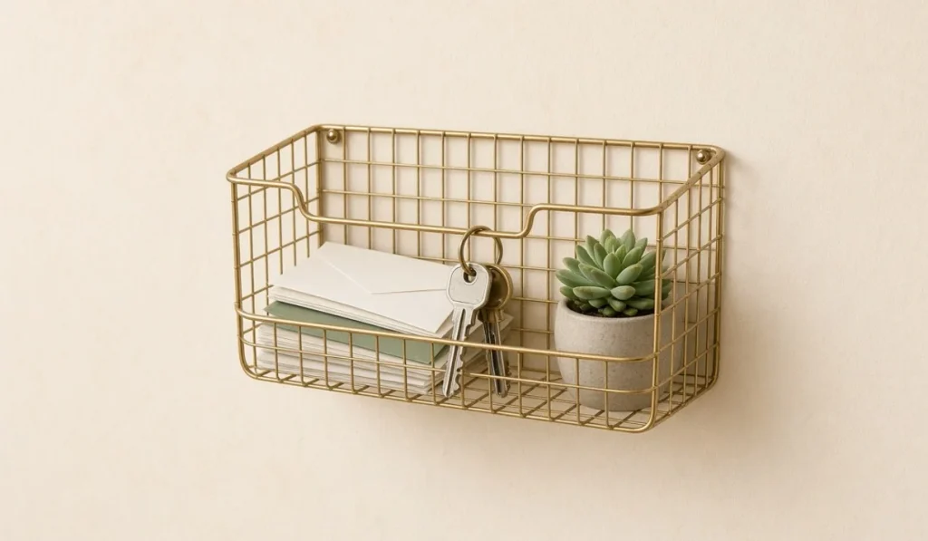 Dollar store DIY home decor wire basket mounted sideways as a wall shelf for mail and keys