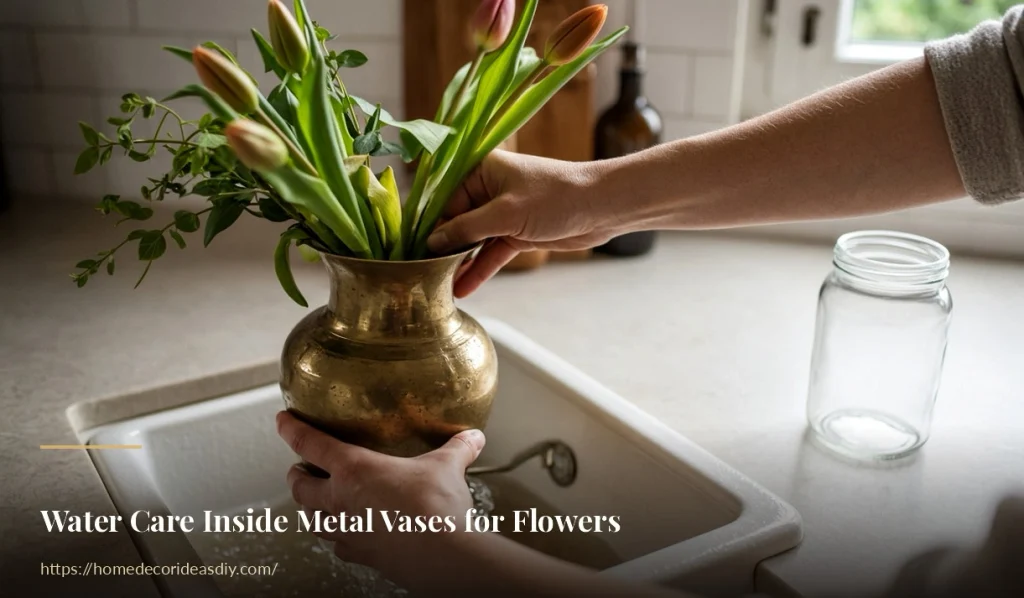 Changing water in metal vases for flowers with a glass jar liner beside the sink