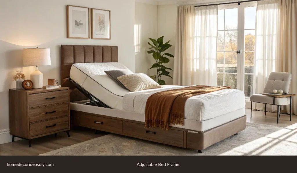 Adjustable bed with the head raised for sitting or reading