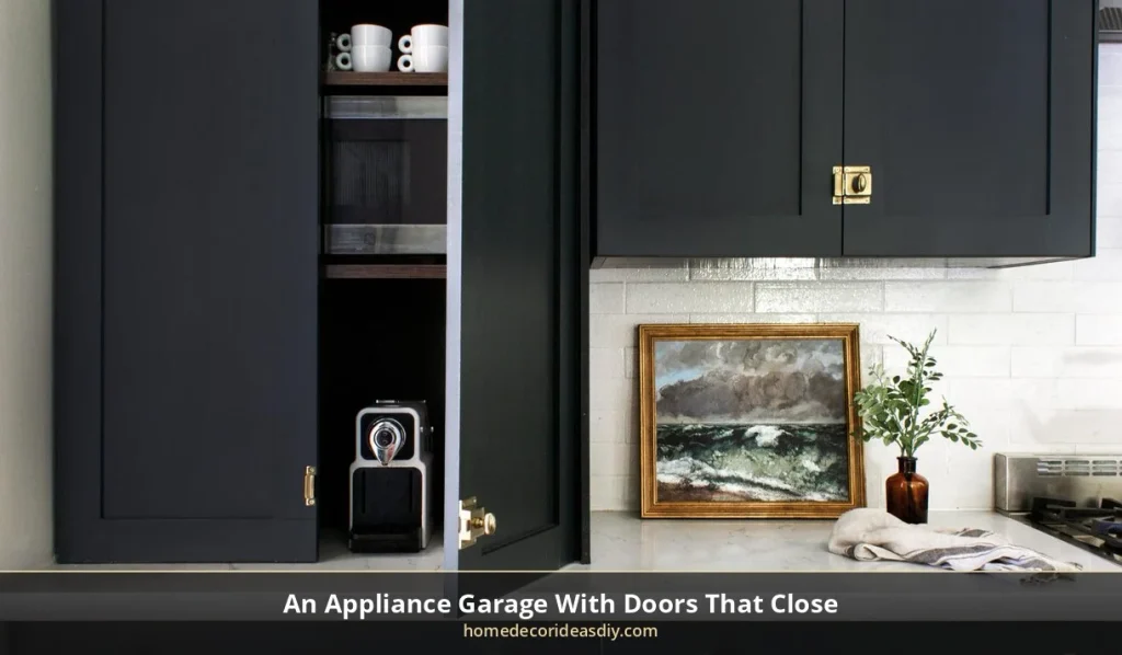 Kitchen microwave cabinet garage with doors open to show the hidden appliance.