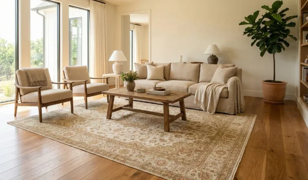 Large 8x10 area rug with the front legs of the sofa and chairs resting on it
