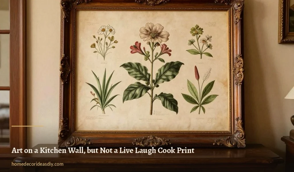 Framed vintage botanical print in an ornate wood frame leaning on a kitchen sideboard