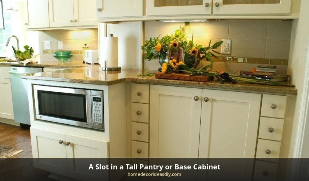 Kitchen microwave cabinet slot built into a base cabinet at counter height
