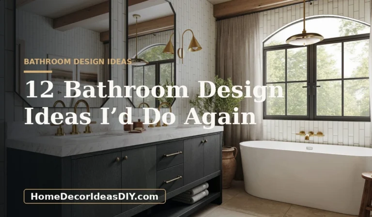 12 Bathroom Design Ideas I'd Do Again — modern bathroom with black vanity, brass sconces, and freestanding tub