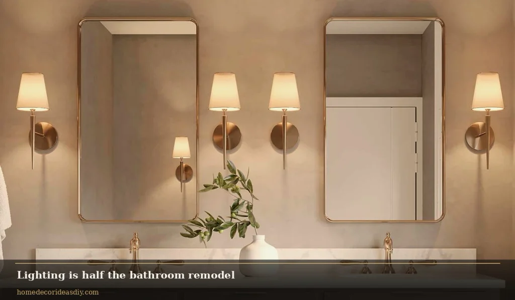 Warm wall sconces at face height beside bathroom mirrors after a bathroom remodel