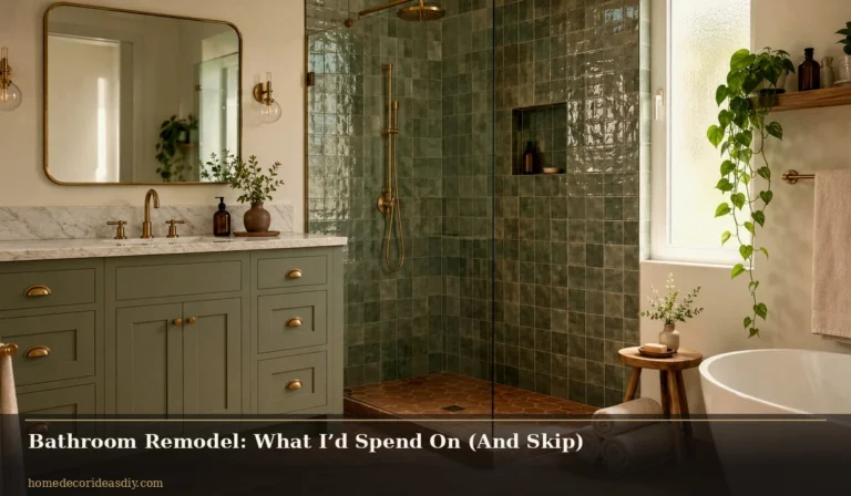 Bathroom remodel with sage vanity, brass tap, large mirror and glass shower in morning light.