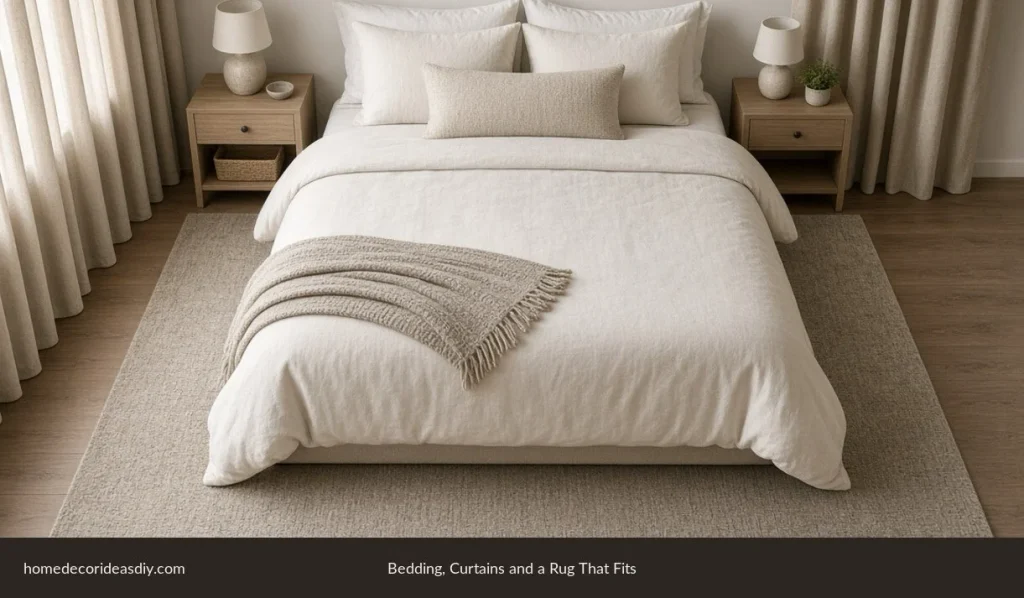 How to decorate your bedroom with plain bedding, a throw and a rug under the bed