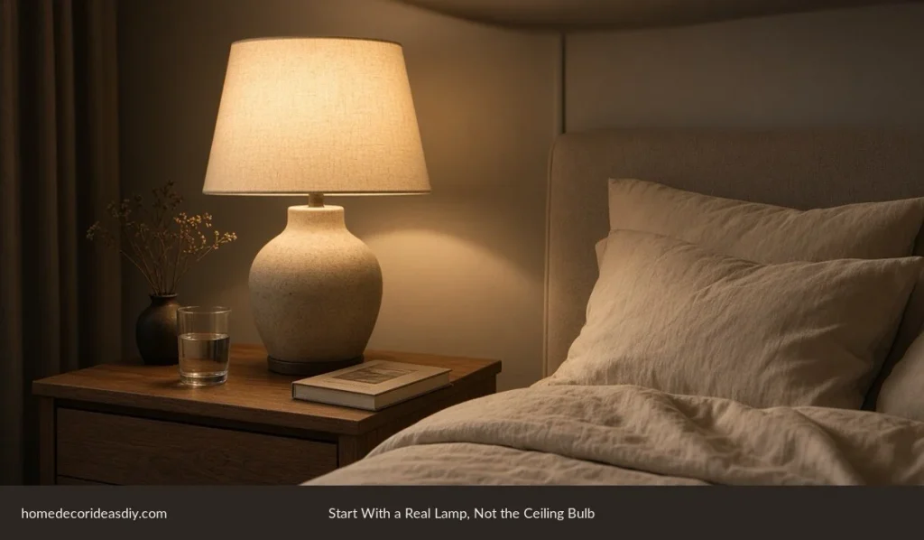 How to decorate your bedroom starting with a large warm bedside lamp