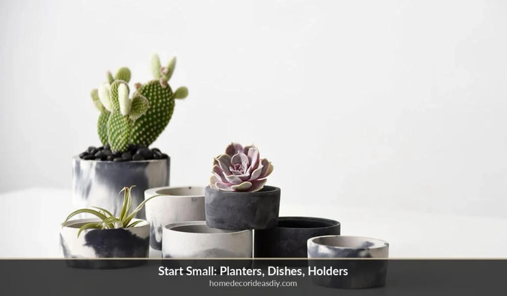 Small handmade concrete planters and dishes for first-time casting