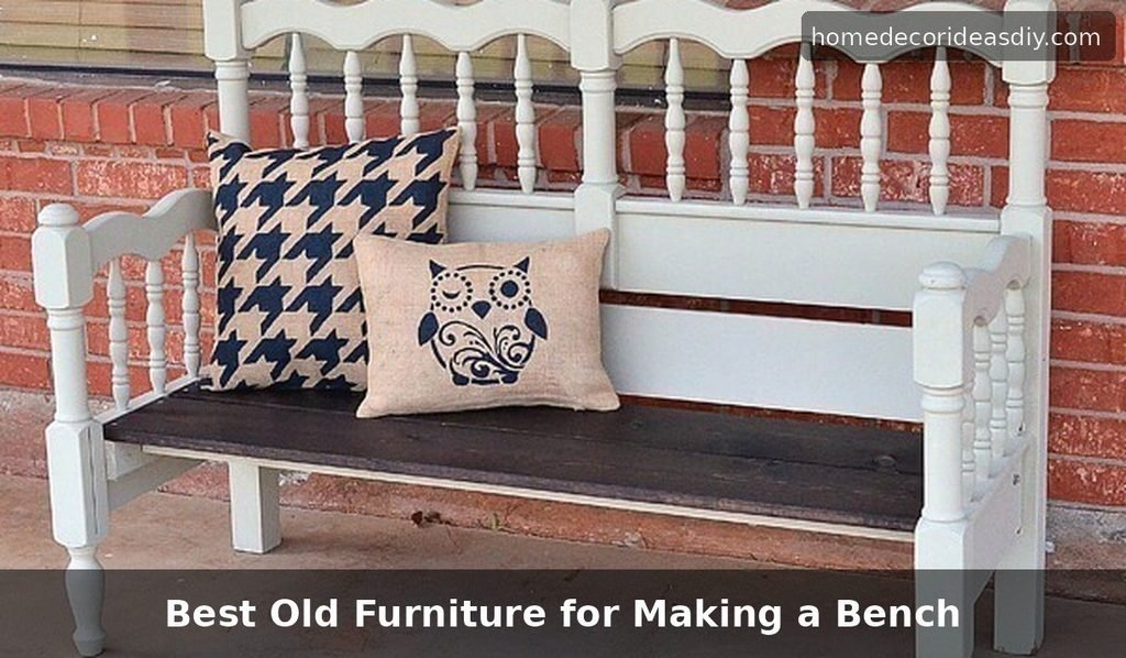 Old bed headboard and footboard turned into a DIY bench with pillows.
