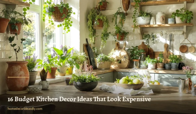 Budget kitchen decor ideas shown in a sunlit kitchen with herbs on the sill, open wooden shelves and terracotta pots