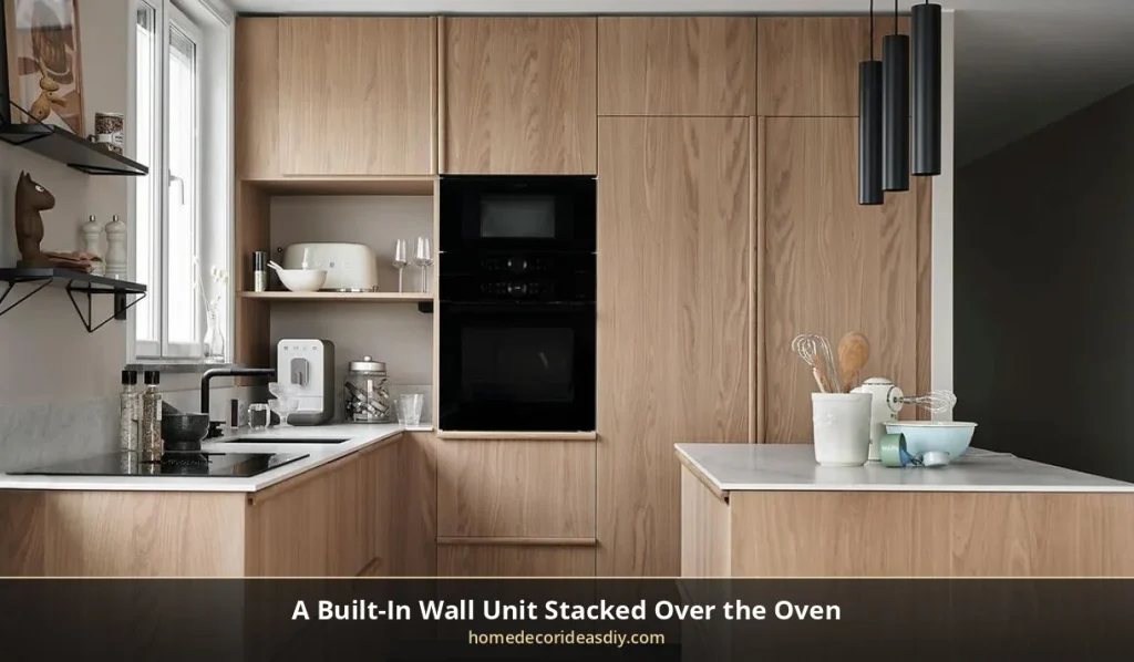 Built-in kitchen microwave cabinet stacked over a wall oven in a tall unit.
