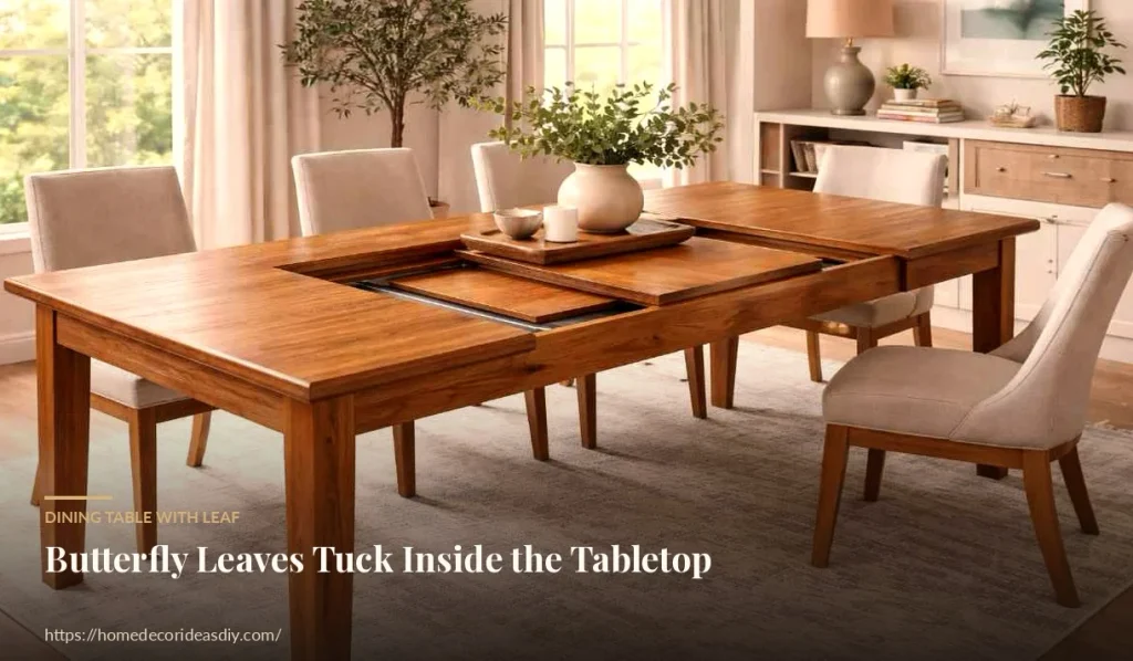 Dining table with leaf using a self-storing butterfly leaf inside the tabletop.