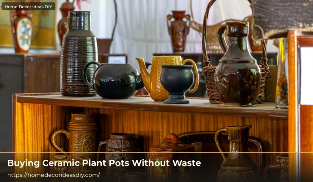 Vintage ceramic pots and pottery on a thrift shop shelf for budget ceramic plant pots