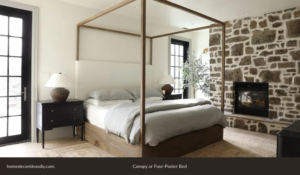 Types of bed frames: wood canopy bed in a tall-ceiling bedroom