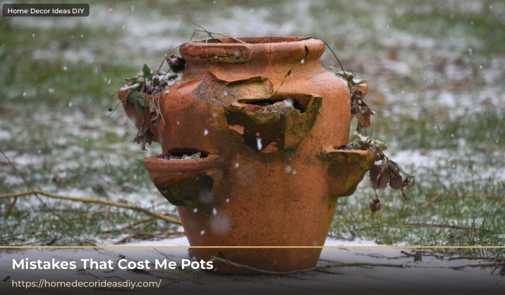Frost-cracked ceramic plant pot left outside in snow showing why ceramic pots crack in freeze-thaw weather