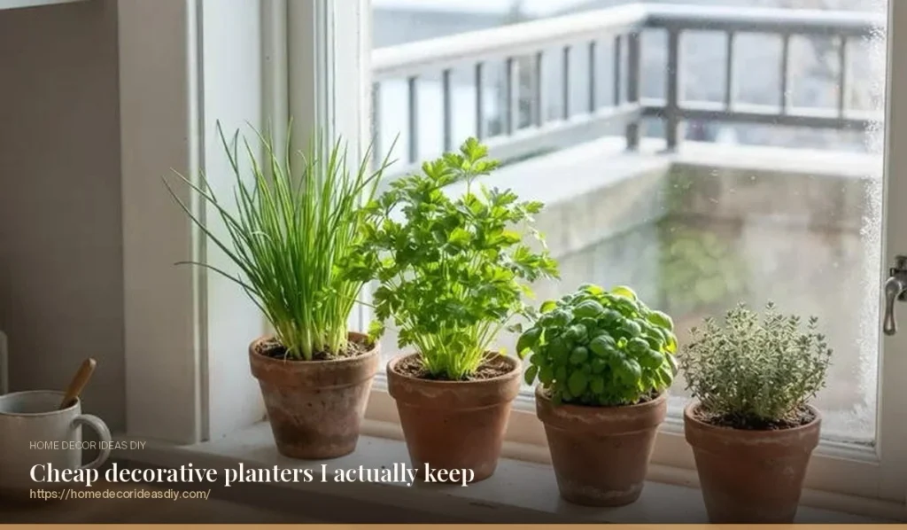 Four cheap terracotta decorative planters with chives, parsley, basil and thyme on a kitchen windowsill