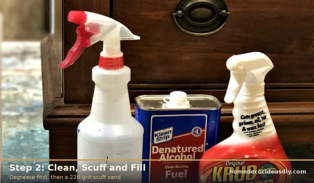 Degreasing and cleaning furniture with Krud Kutter before painting a nightstand