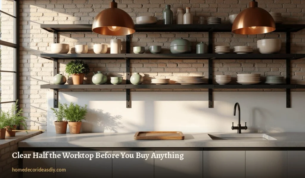 Clear stone worktop under black open shelving with copper pendant lights and stacked ceramics