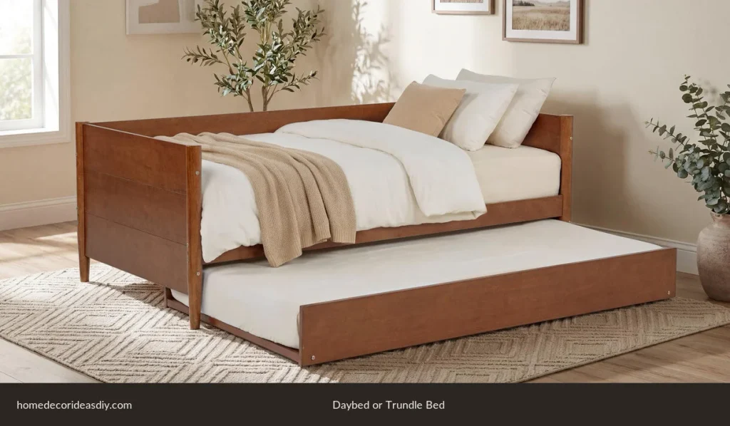 Wood daybed with a trundle pulled out for a guest.