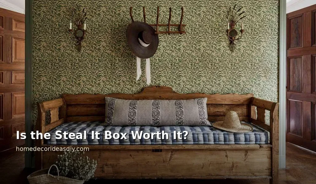 Rustic wood bench with a plaid cushion styled in a farmhouse entryway the aged look Decor Steals Box pieces are made to match
