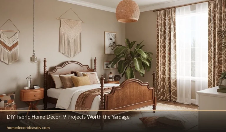Handmade cotton curtains and cushion covers from a diy fabric home decor project in a sunlit bedroom