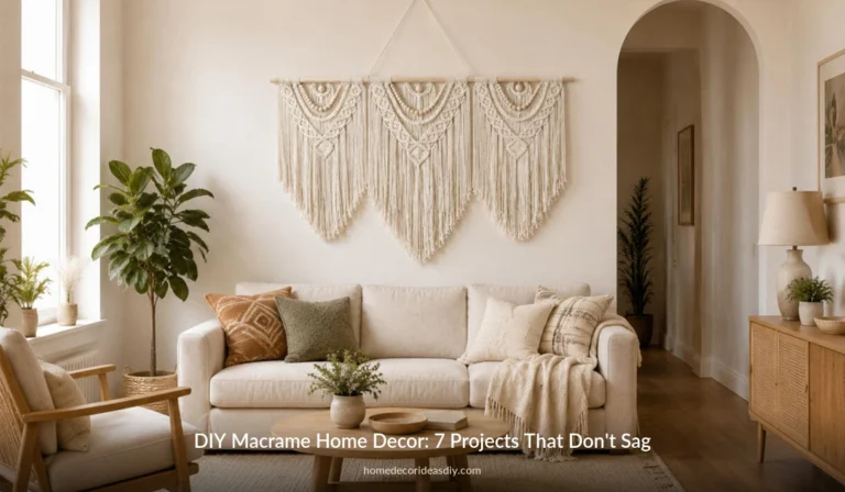 DIY macrame home decor wall hanging on a wooden dowel that hangs straight above a sofa