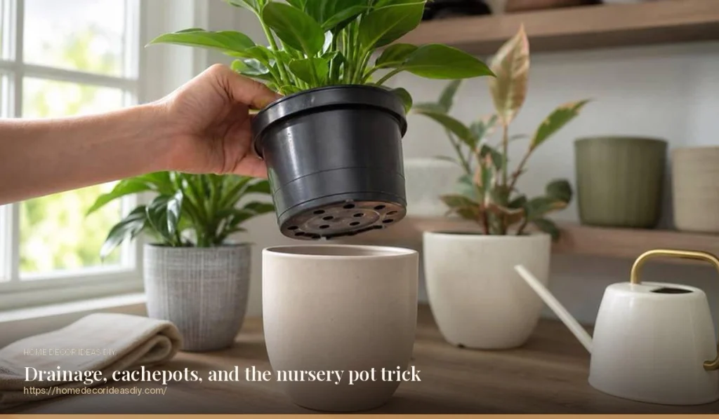 Hand lowering a black plastic nursery pot into a cream ceramic cachepot for drainage