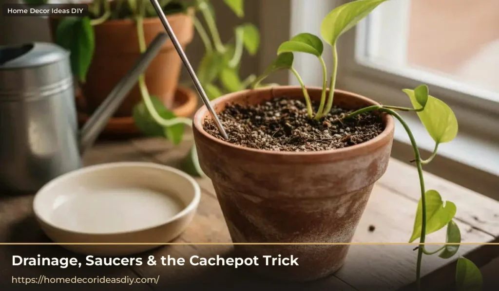 Ceramic plant pot saucer beside a terracotta planter being watered so excess water can drain