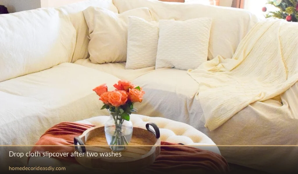 Washed canvas drop cloth used as a loose sofa slipcover