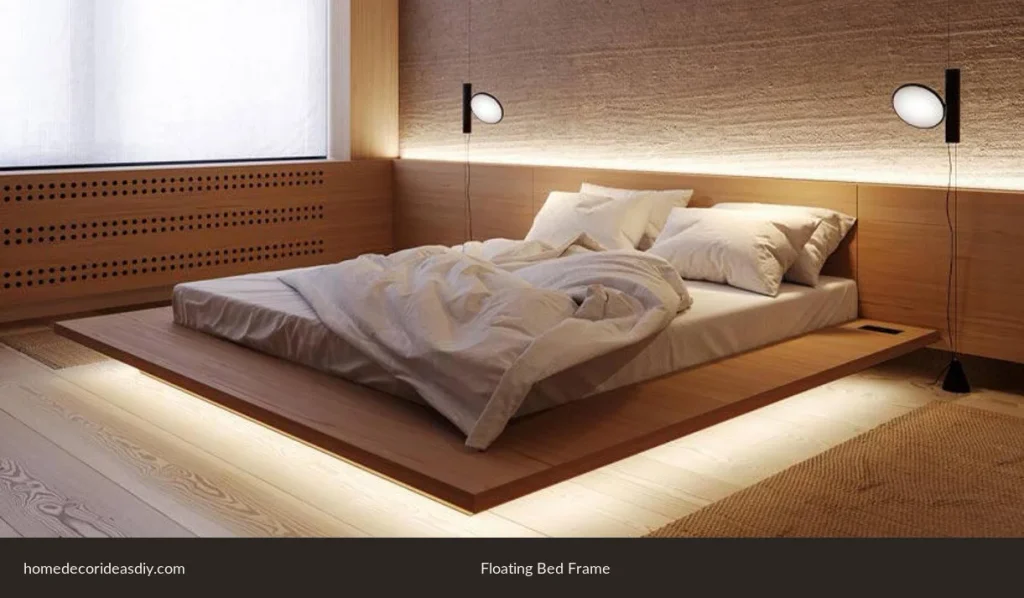 Types of bed frames: floating bed with hidden legs and light under the platform