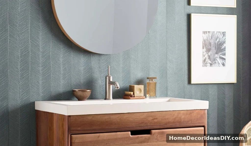 "Walnut floating wall-hung bathroom vanity with round mirror on herringbone tile"
