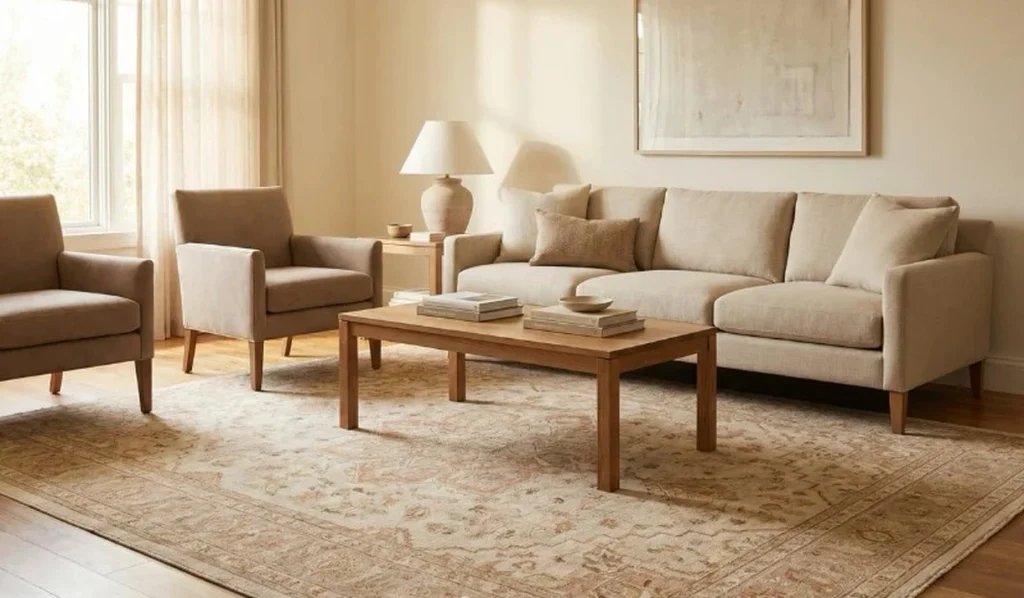 Modern living room layout showing walkway clearance between sofa, chairs, and coffee table
