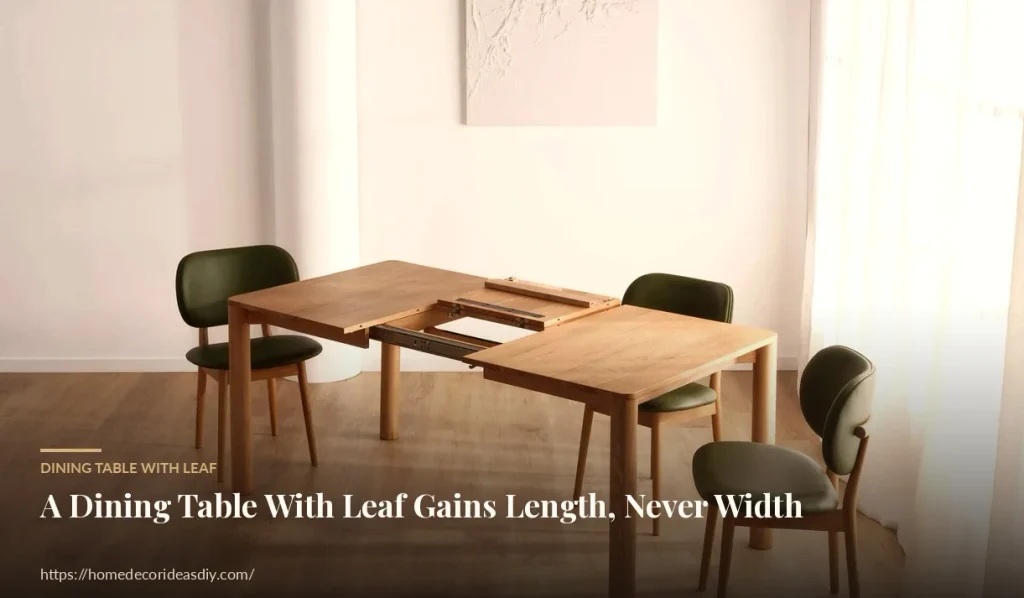 Dining table with leaf pulled apart on slides showing extra length not extra width.