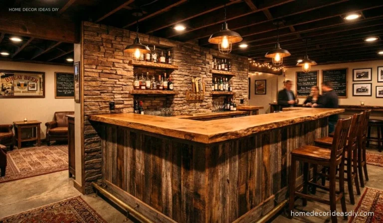 Garage bar ideas shown in an L-shaped reclaimed wood bar with stone wall, live-edge counter, cage pendant lights and high-back stools