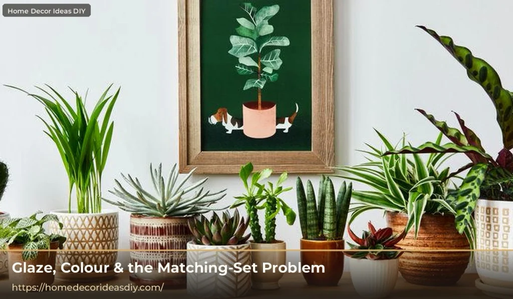 Mixed glazed ceramic plant pots in different colours and patterns styled together instead of a matching set