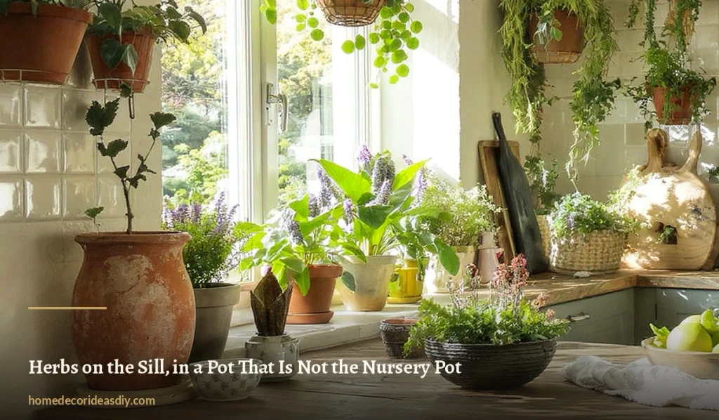 Potted herbs and plants in terracotta and ceramic pots on a sunny kitchen windowsill