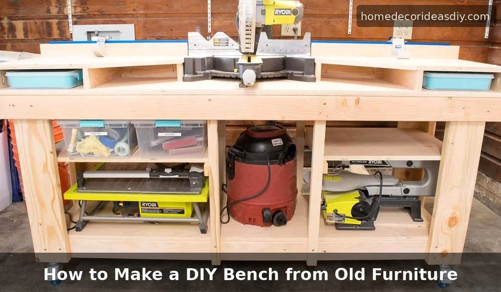 basic tools and lumber needed to build a DIY bench from old furniture at home.