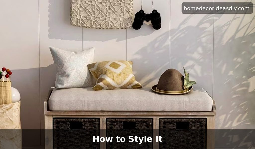 Styled entryway DIY bench with baskets underneath and cushions on top,