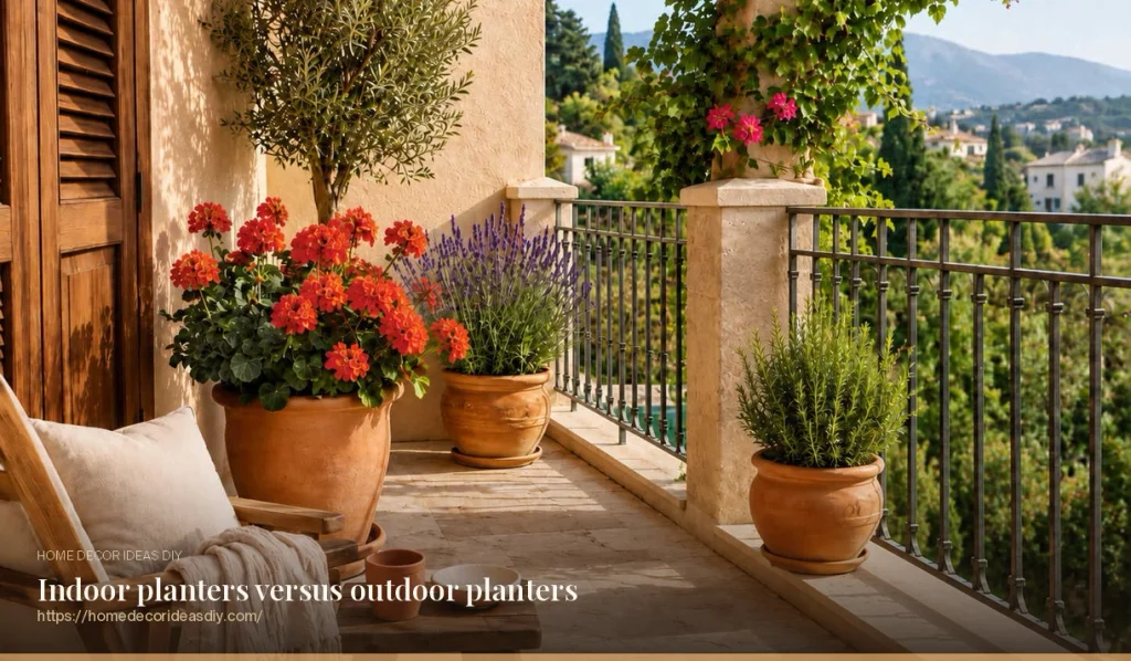 Outdoor terracotta decorative planters with geraniums, lavender and rosemary lining a sunny balcony