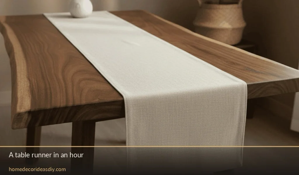 Simple hemmed linen runner on a wooden table