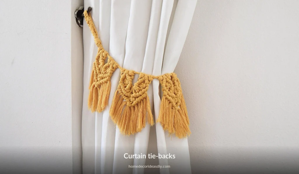 Mustard cotton macrame curtain tie-back with knotted triangles and tassel fringe