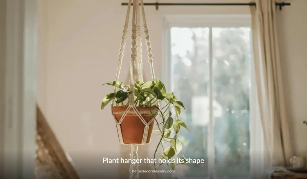 Braided macrame plant hanger holding a terracotta pot level beside a window