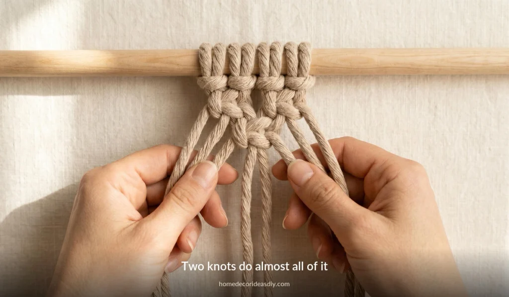 Hands tying a square knot in cotton cord on a wooden dowel