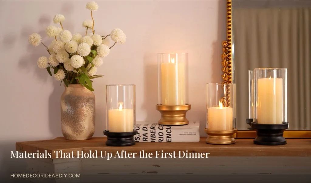 Glass hurricane candle holders with pillar candles on a wooden mantel next to a ceramic vase.