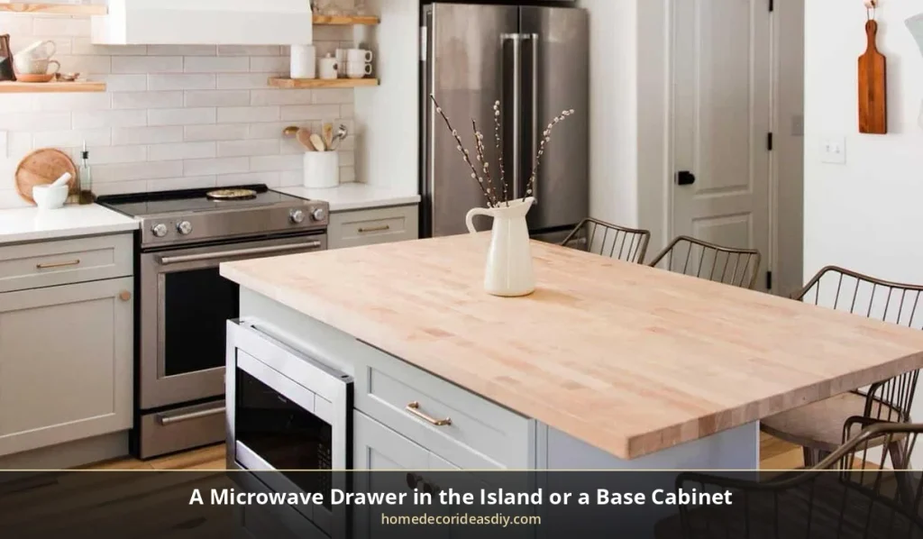 Kitchen microwave cabinet drawer installed in a small island base