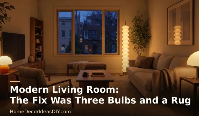 Modern living room at night lit by warm 2700K lamps, showing how three warm bulbs and layered lighting transform the space — HomeDecorIdeasDIY.com
