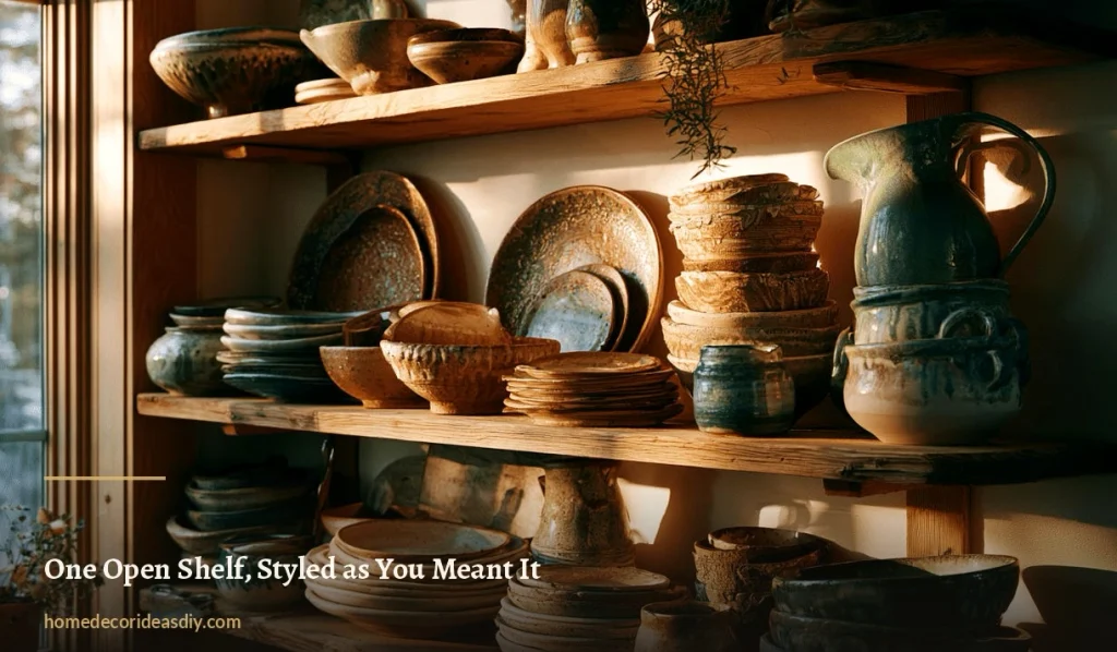 Rustic wooden open shelves stacked with earthy handmade ceramic plates, bowls and jugs