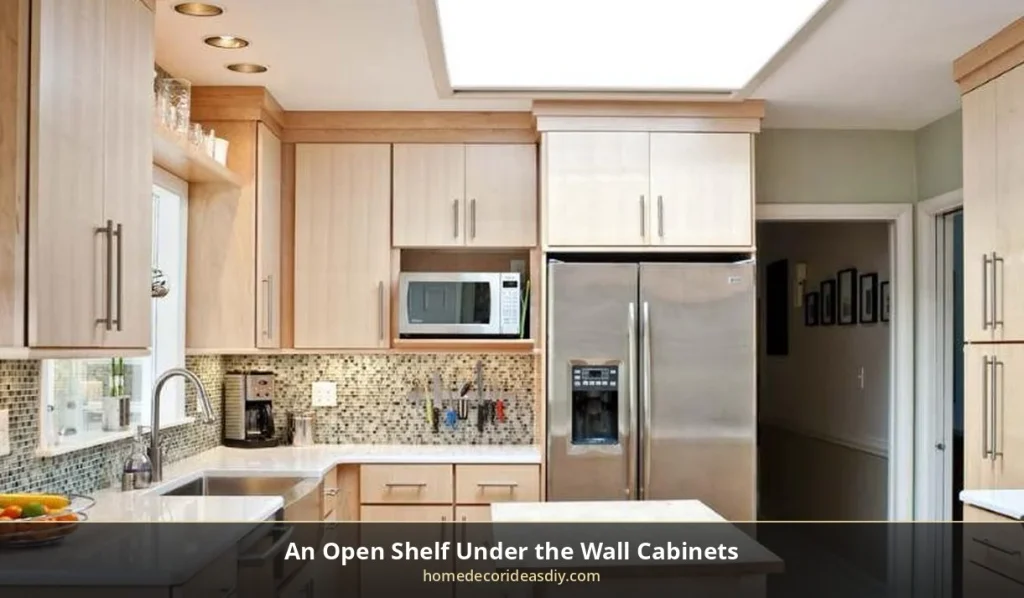 Kitchen microwave cabinet shelf left open under the wall cabinets for vent space