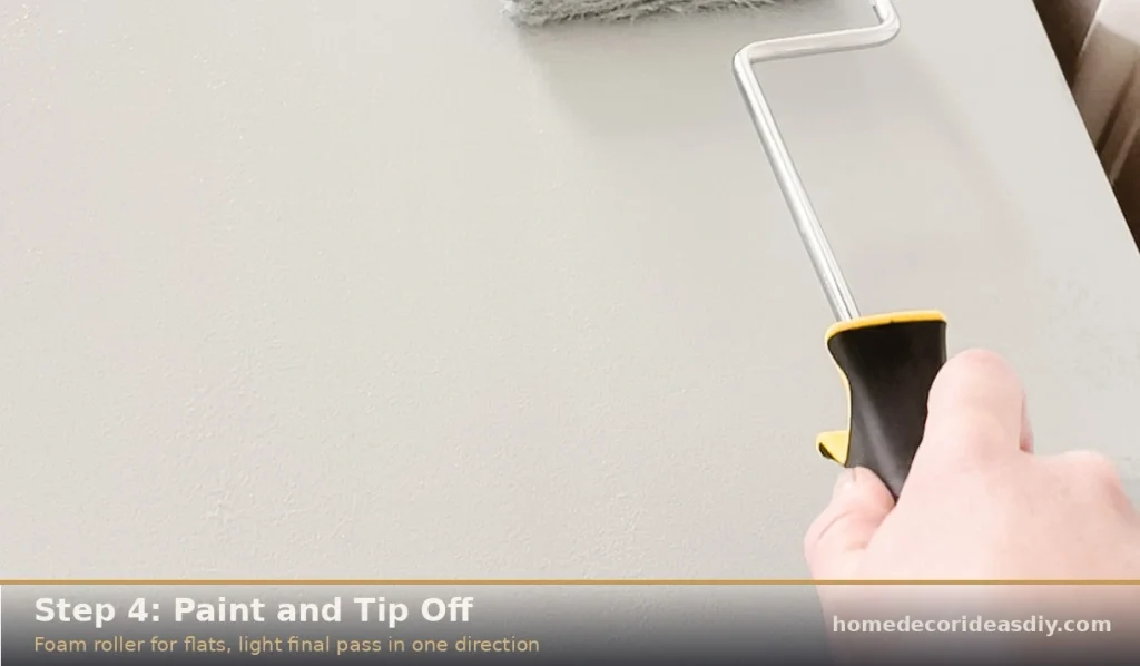 Rolling white paint onto furniture with a foam roller for a smooth finish